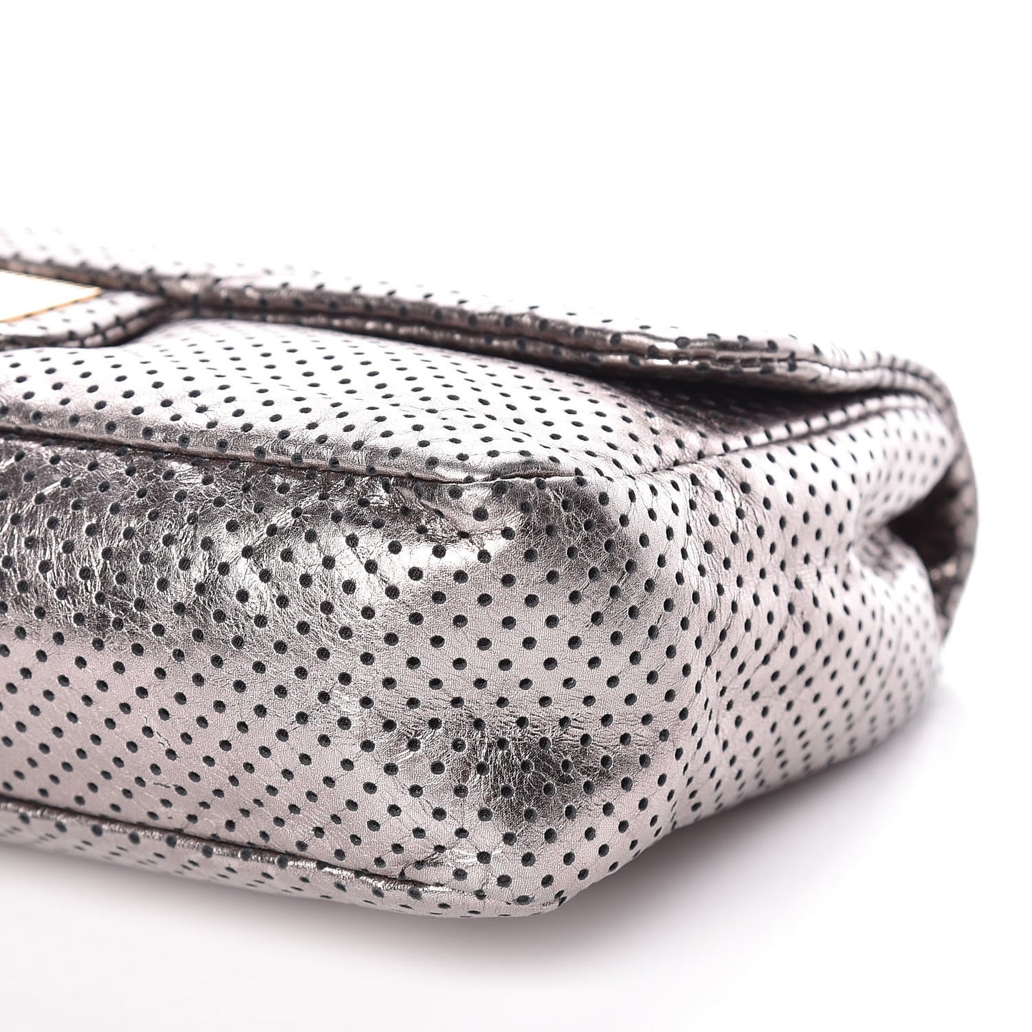 Metallic Crackled Calfskin Perforated Drill Flap Silver