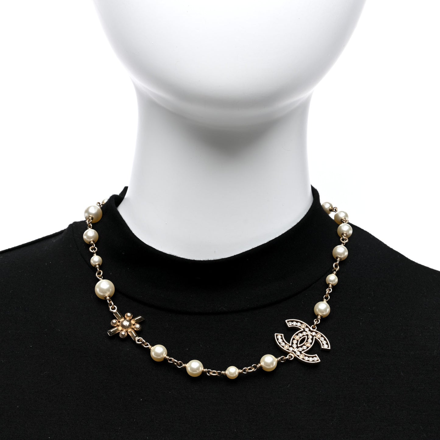 Crystal Baguette Pearl CC Cross Short Necklace Gold