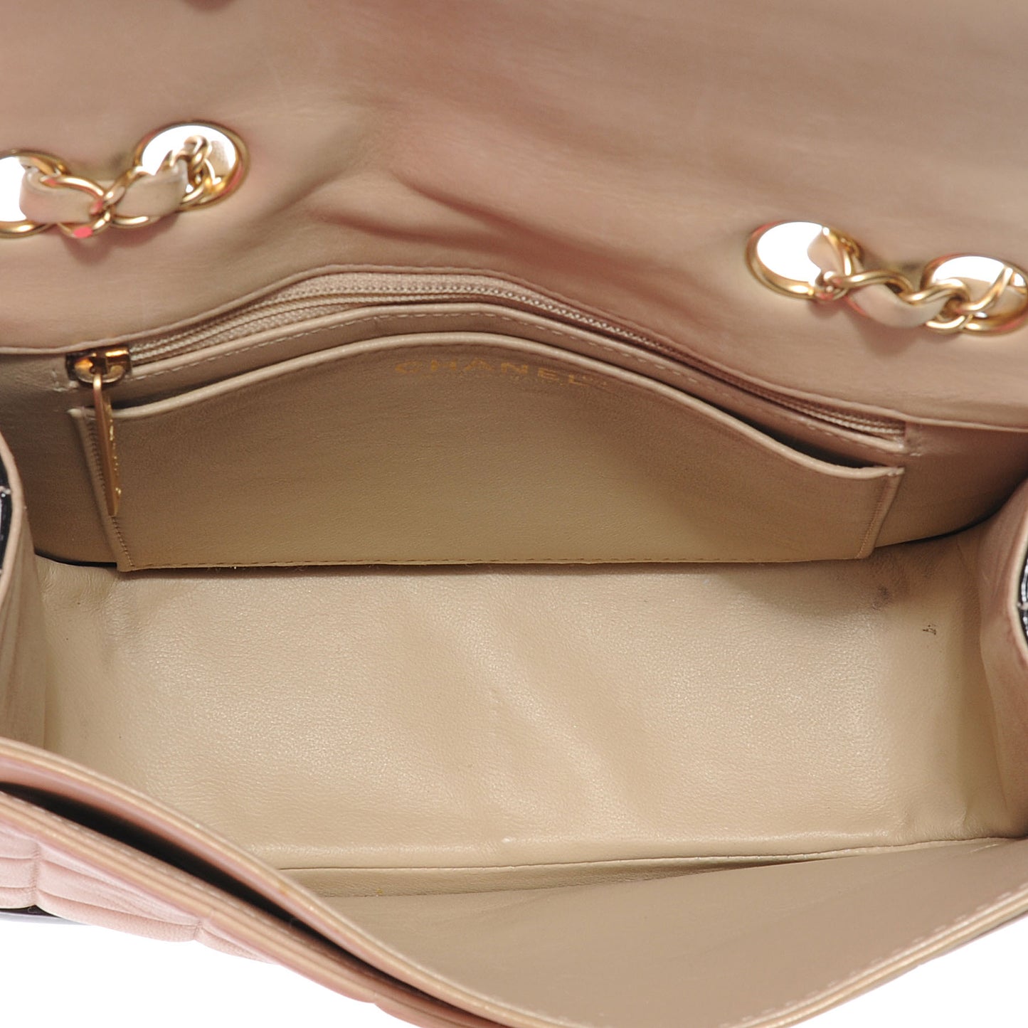 Lambskin and Patent Chocolate Bar Flap Beige