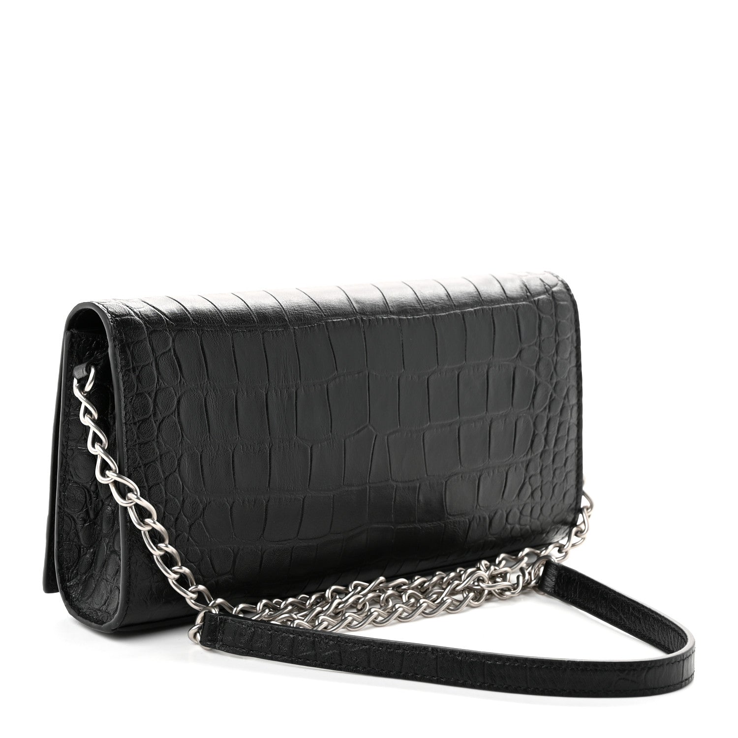 Balenciaga Crocodile Embossed Calfskin Classic Silver Hardware Le City Wallet On Chain Black 3 of 9
