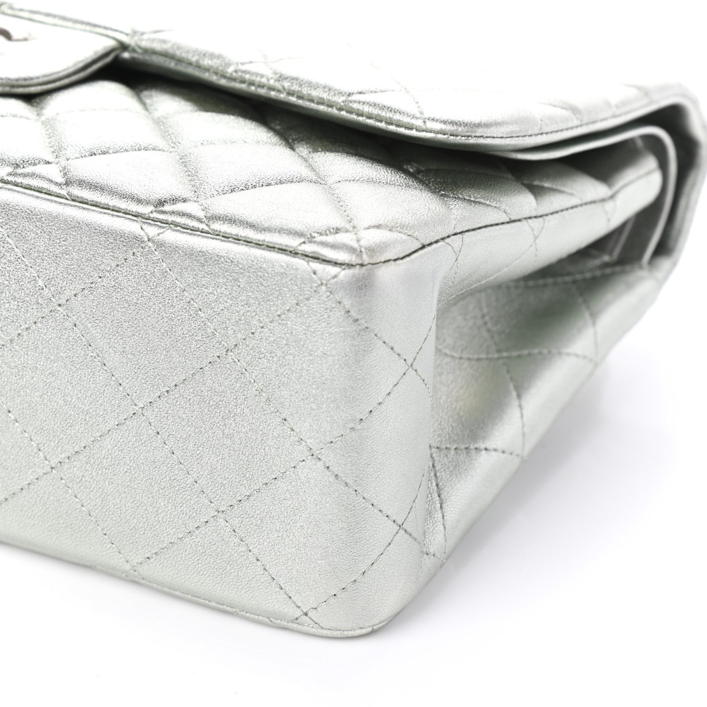 Metallic Lambskin Quilted Jumbo Double Flap Silver