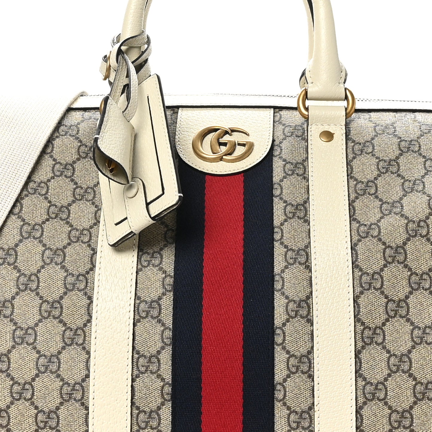 GG Supreme Monogram Textured Dollar Calfskin Web Medium Ophidia Duffle Bag Beige Ebony Mystic White