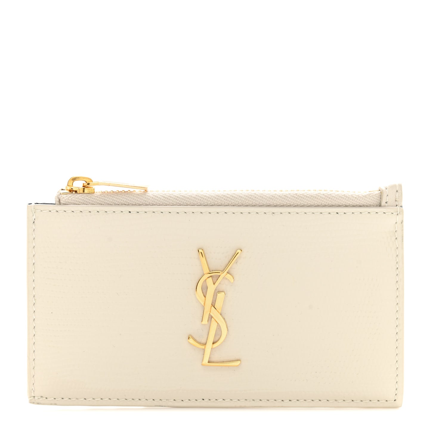 Calfskin Lizard Embossed Monogram Fragments Zippered Card Case Crema Soft