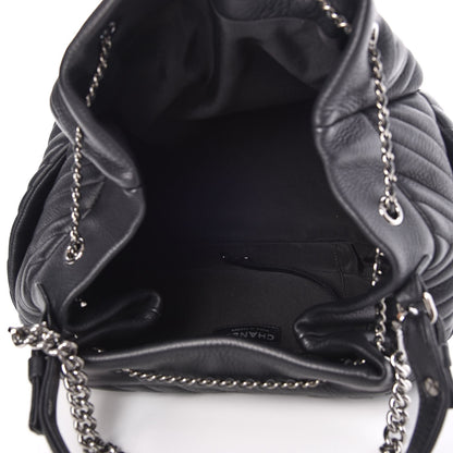 Chanel Deerskin Chevron Large CC Chain Bucket Drawstring Bag Black 7 of 9