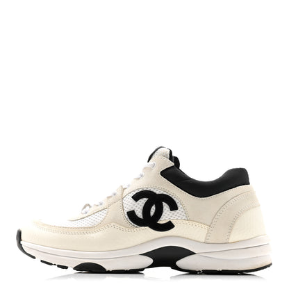 Chanel Mesh Suede Calfskin Grained Calfskin Womens CC Sneakers 38 White Black 1 of 22