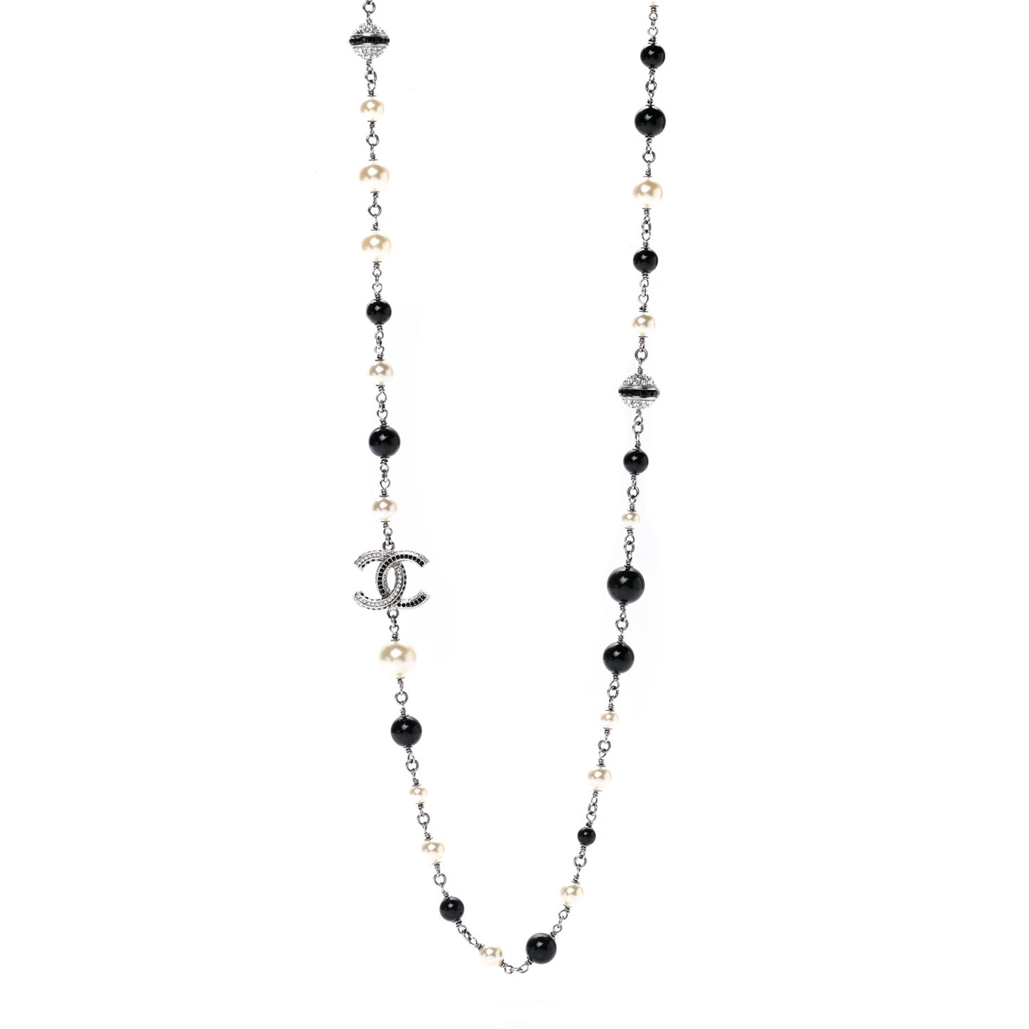 Pearl Crystal Bead CC Long Necklace Black Silver