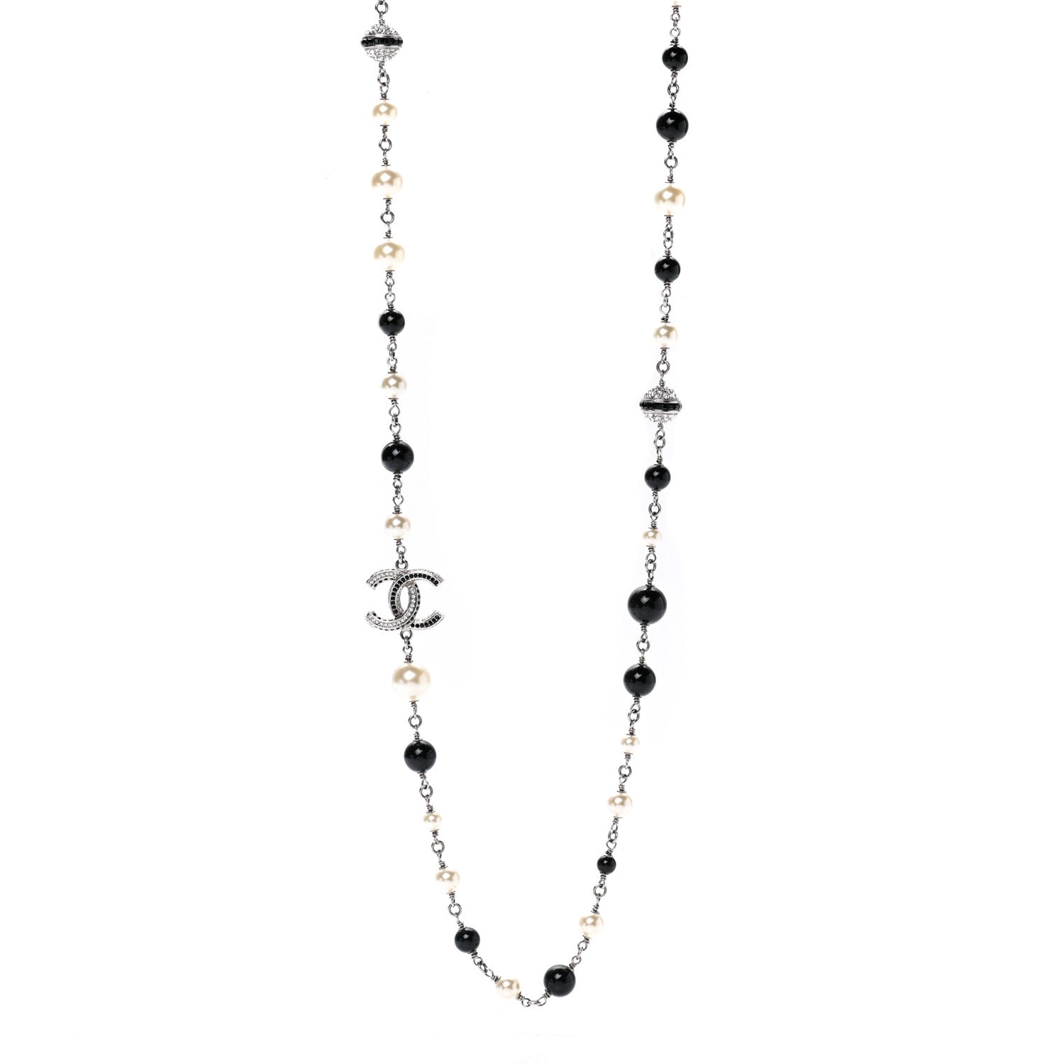 Chanel Pearl Crystal Bead CC Long Necklace Black Silver 1 of 7
