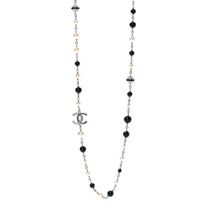 Chanel Pearl Crystal Bead CC Long Necklace Black Silver 1 of 7