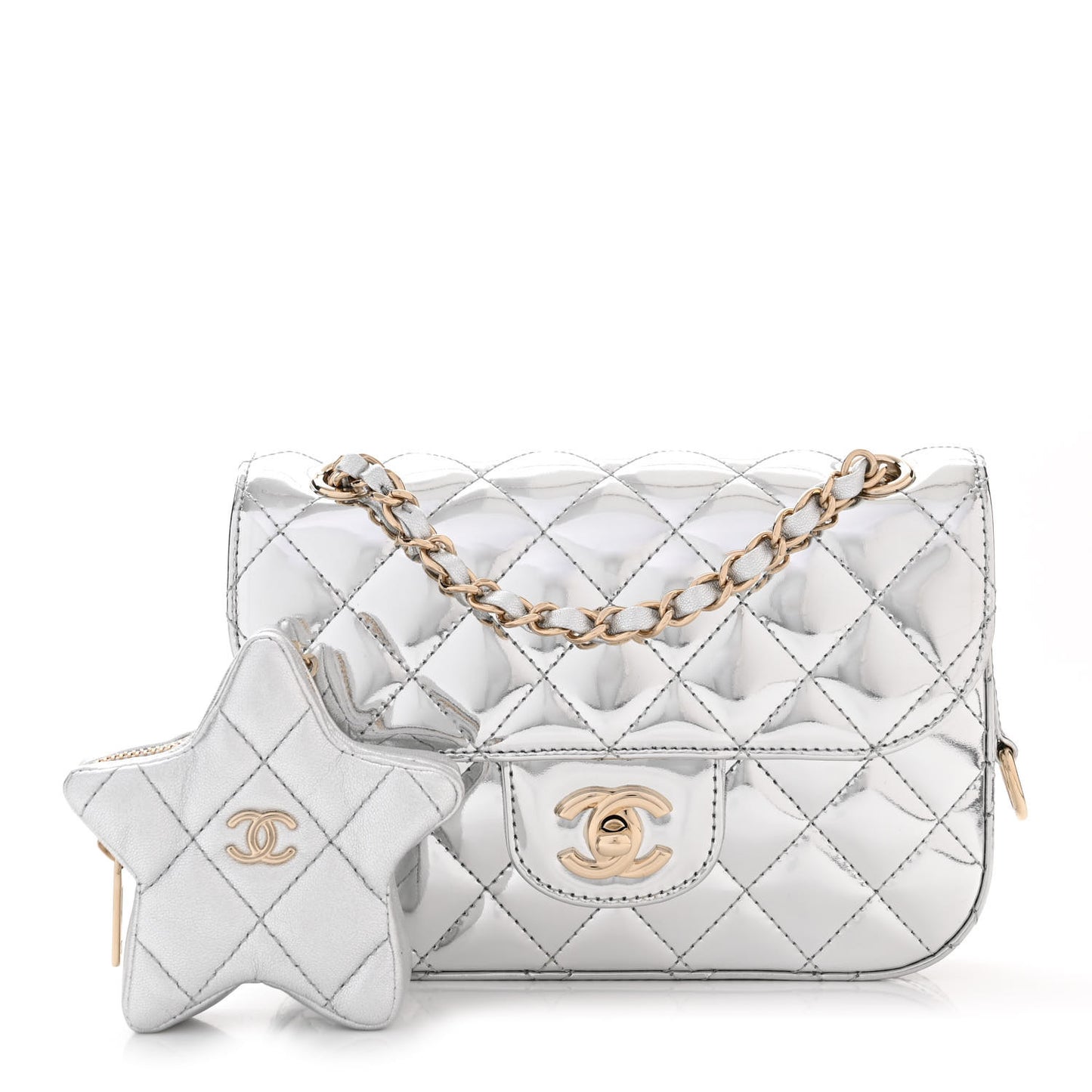 Mirror Calfskin Metallic Calfskin Quilted Hollywood Boulevard Mini Flap With Star Coin Purse Silver