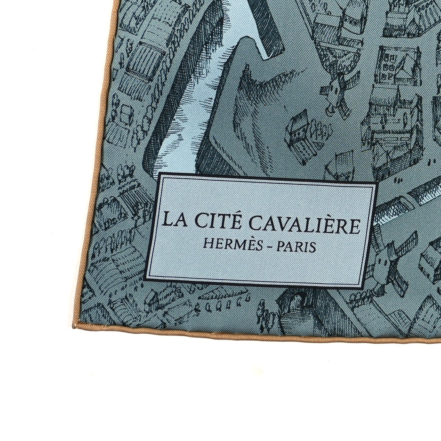 Hermes Silk Twill La Cite Cavaliere Scarf 90 Vert Argile Gris 2 of 3