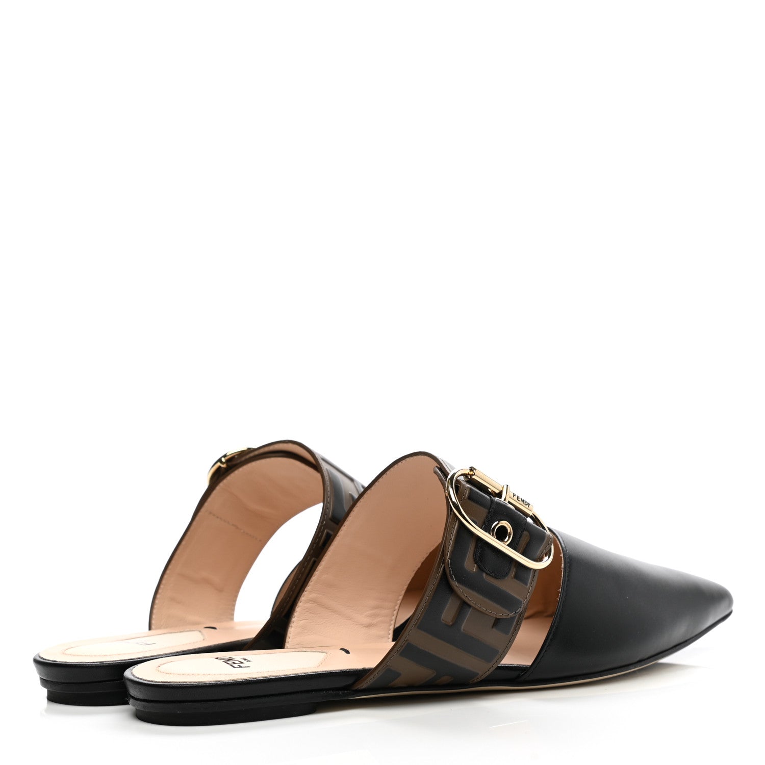 Fendi Vitello FF Embossed Buckle Flat Mules 37 Maya Black 4 of 9