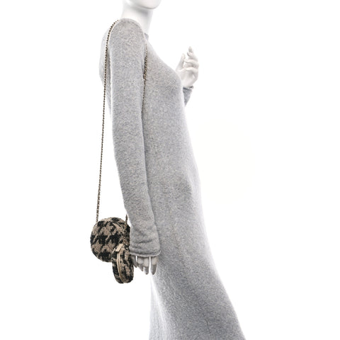 Tweed Shearling Round Clutch With Chain and Coin Purse Beige Black