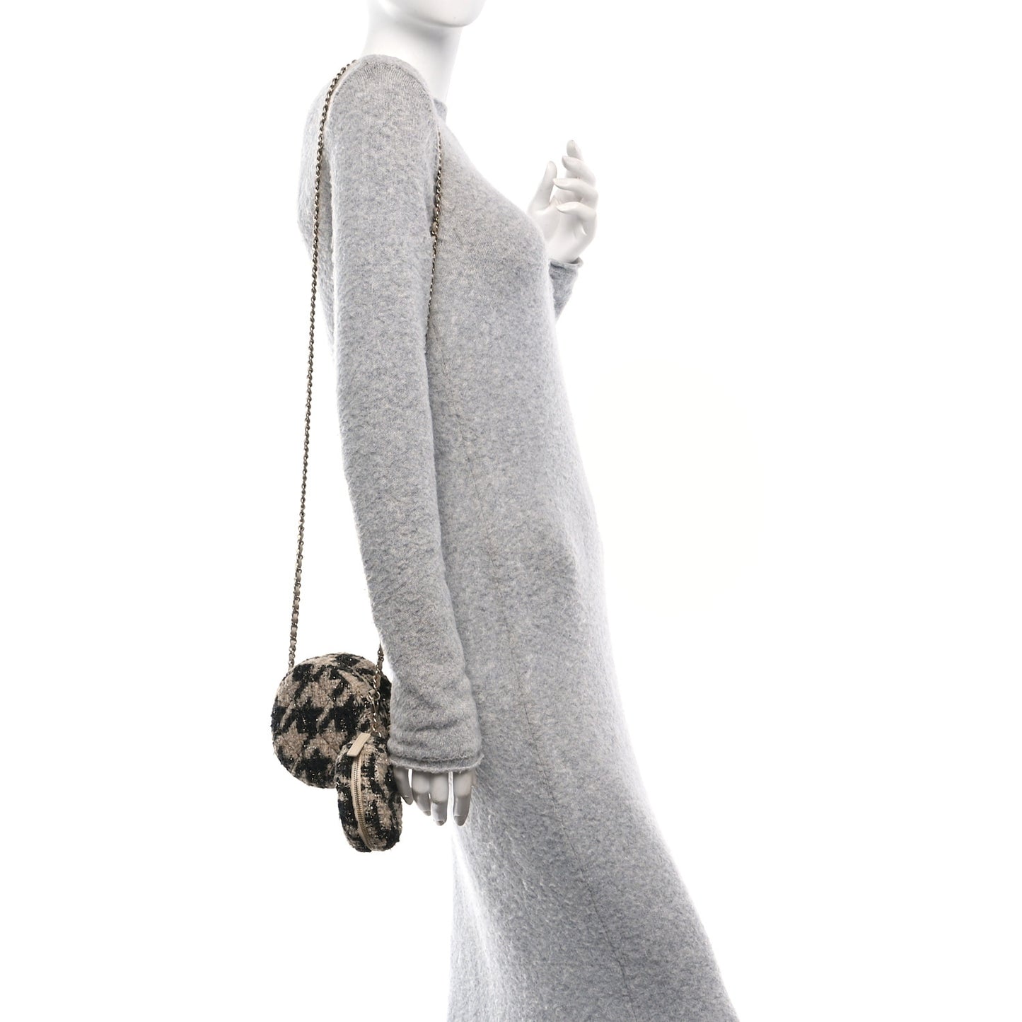 Tweed Shearling Round Clutch With Chain and Coin Purse Beige Black