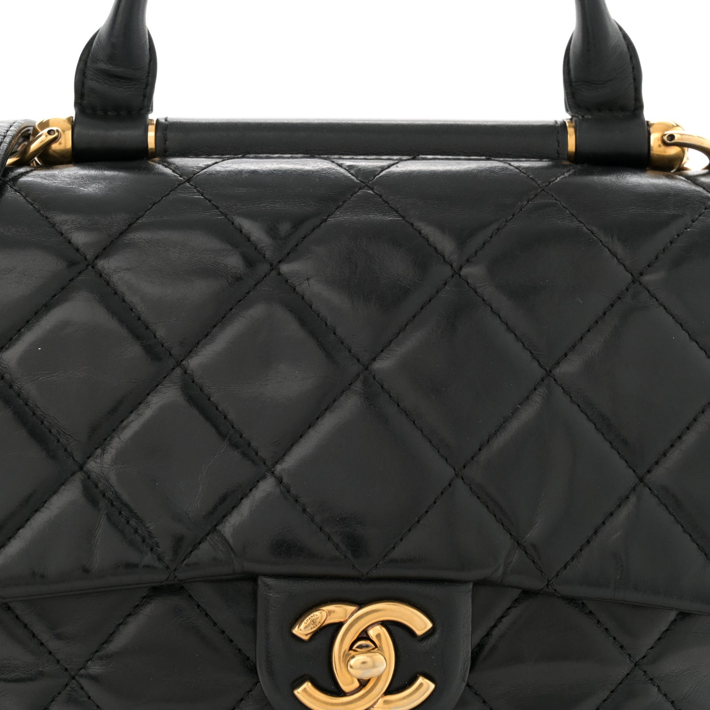 Glazed Calfskin Quilted Medium Gold Bar Top Handle Flap Black
