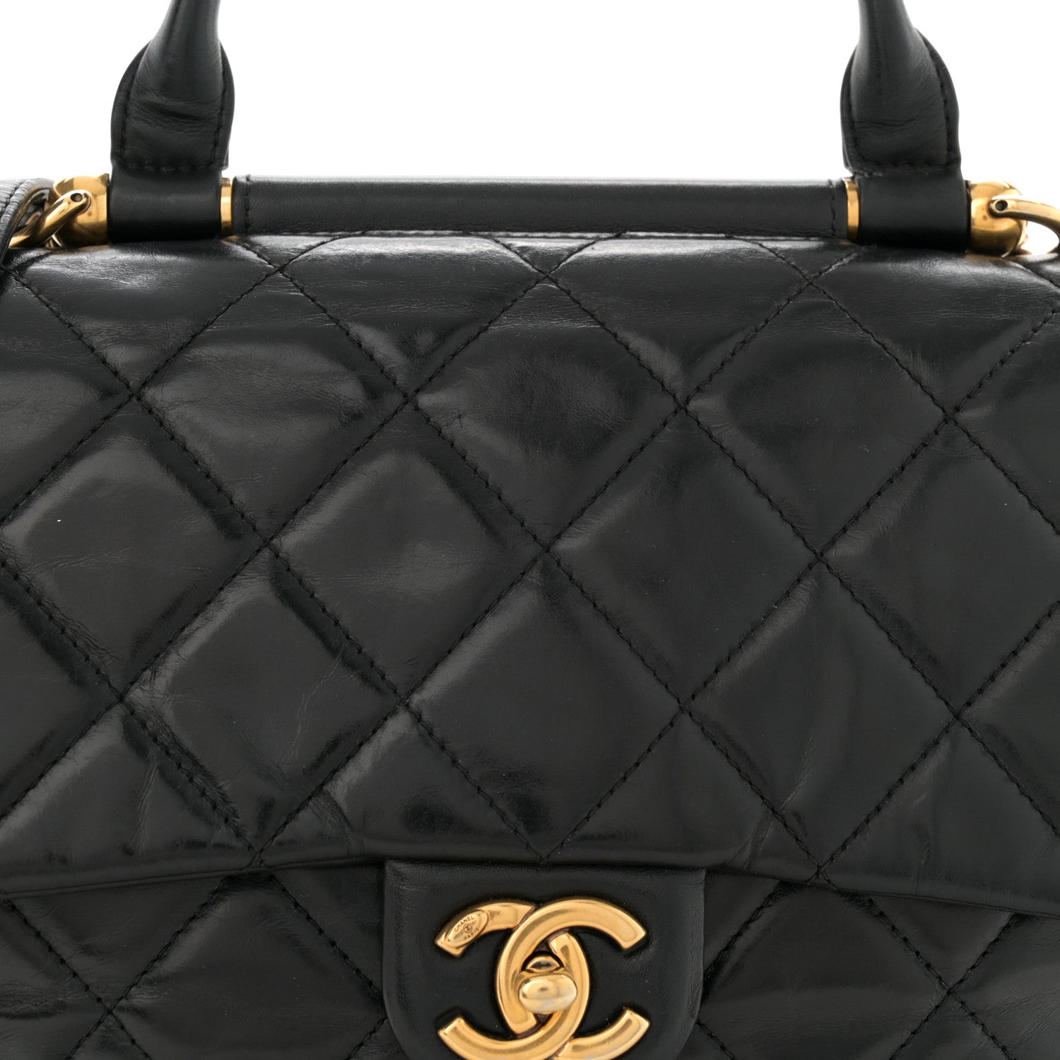 Chanel Glazed Calfskin Quilted Medium Gold Bar Top Handle Flap Black 8 of 16