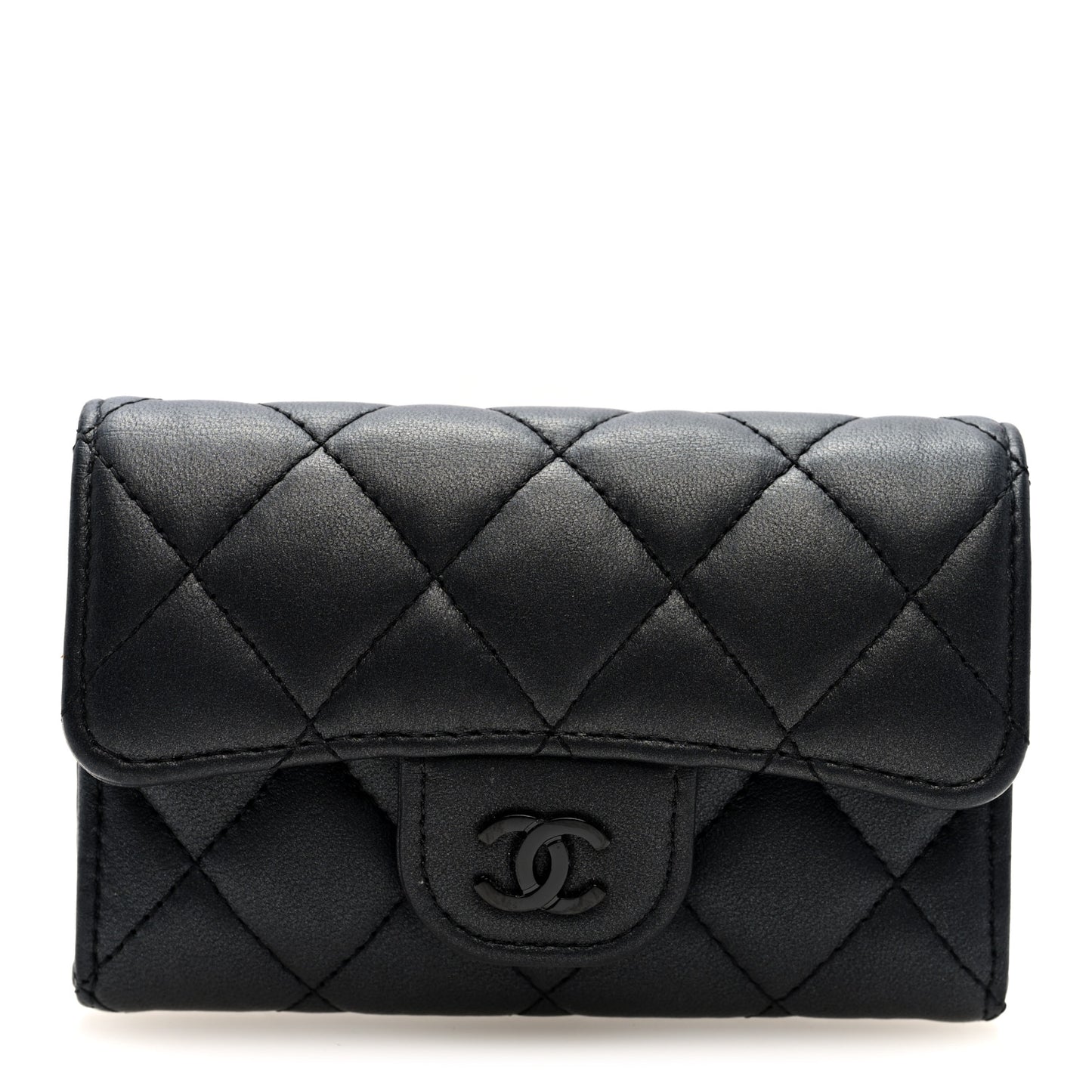 Pearly Lambskin Quilted Flap Card Holder Wallet So Black