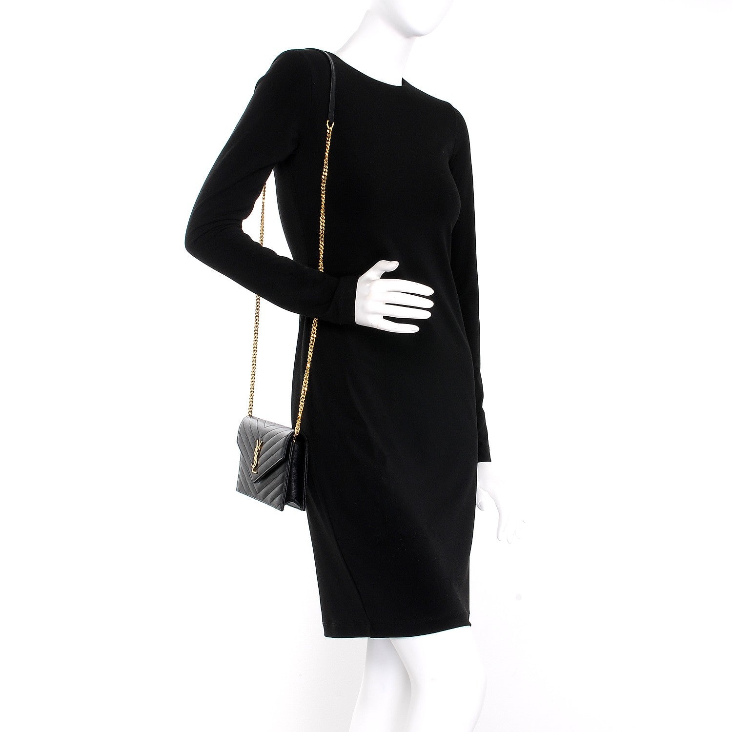 Saint Laurent Grain De Poudre Matelasse Chevron Monogram Envelope Chain Wallet Black 2 of 7