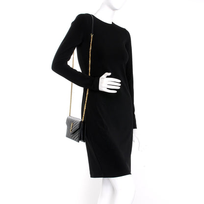 Saint Laurent Grain De Poudre Matelasse Chevron Monogram Envelope Chain Wallet Black 2 of 7