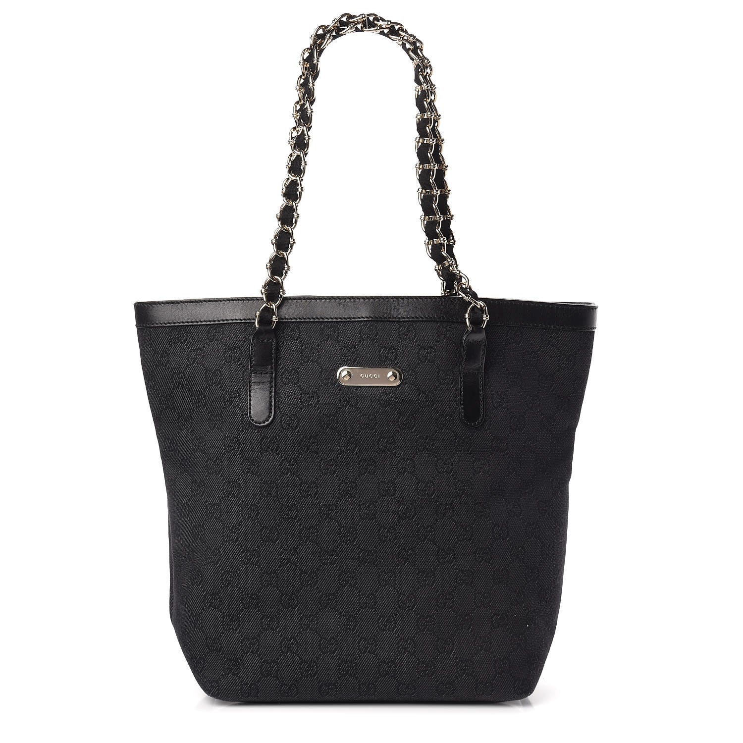 Gucci Denim Monogram Chain Bucket Tote Black 1 of 10