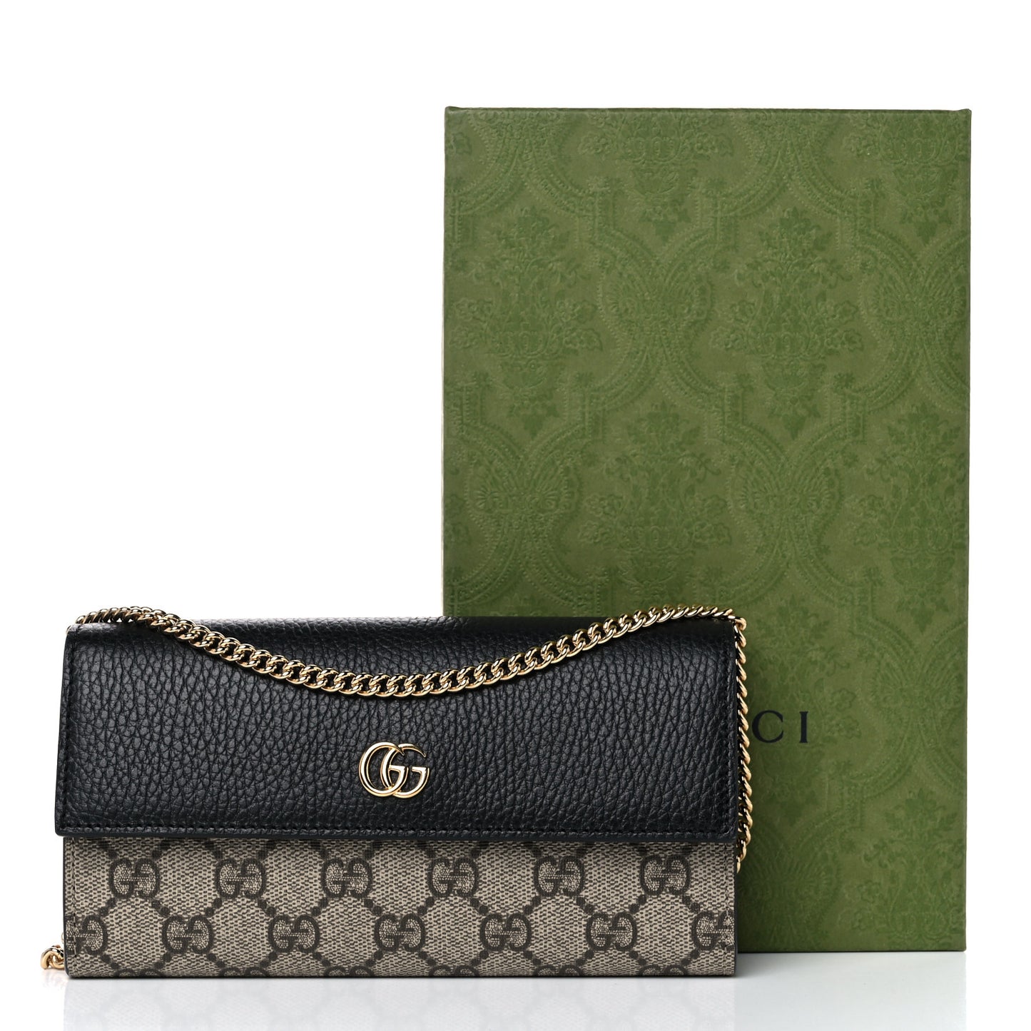 Dollar Calfskin GG Supreme Monogram Petite GG Marmont Wallet Chain Bag Black Beige Ebony