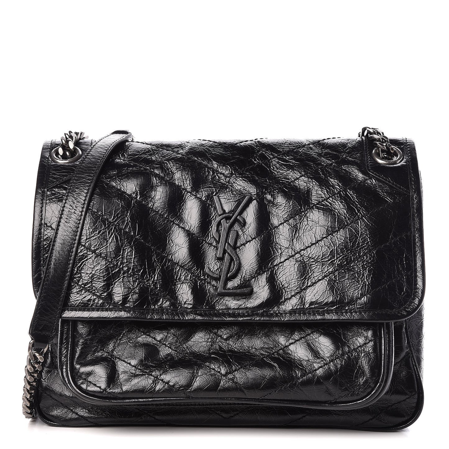 Crinkled Calfskin Matelasse Monogram Medium Niki Chain Satchel Black