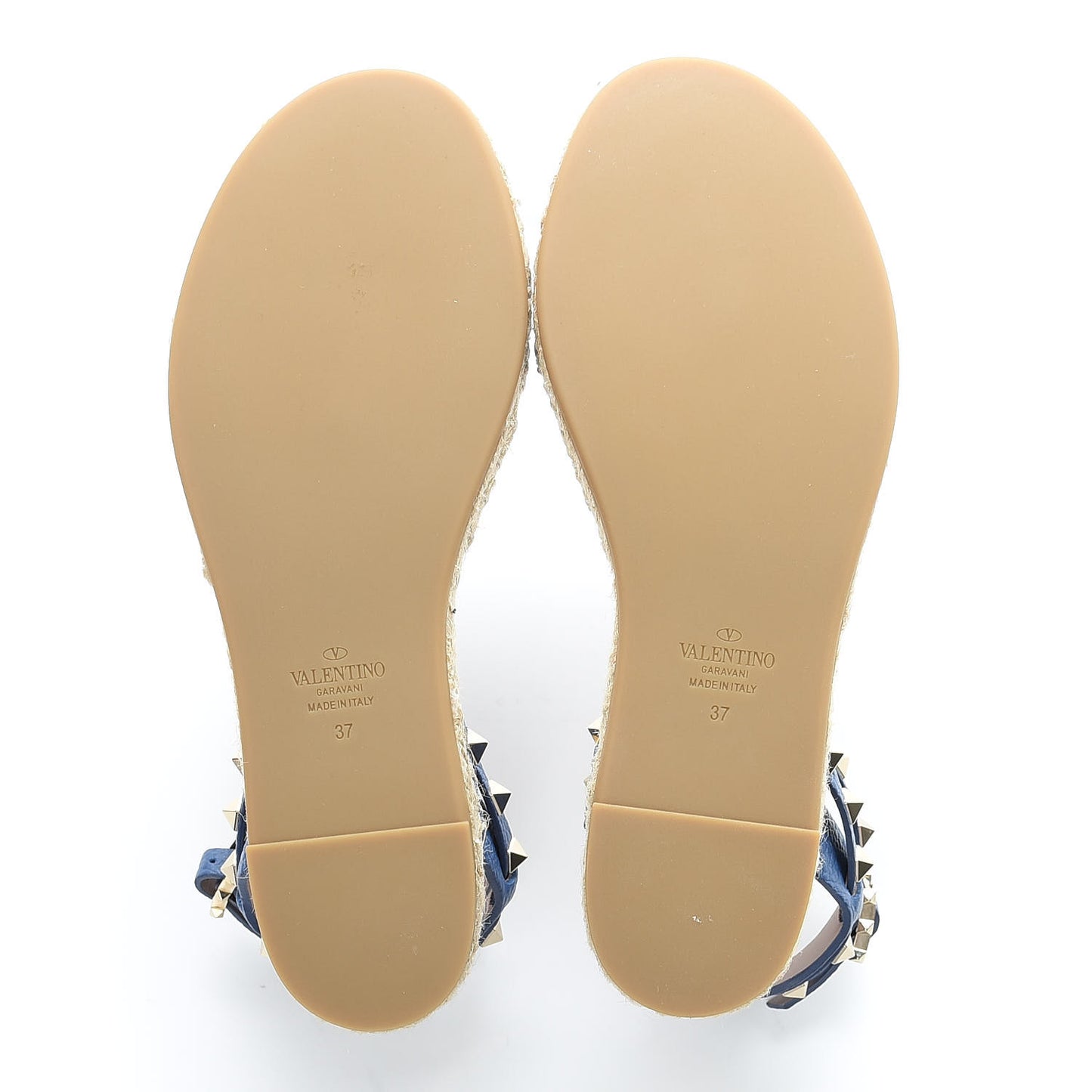 Grained Calfskin Rockstud Ankle Strap Espadrille Flat Sandals 37 Baltique