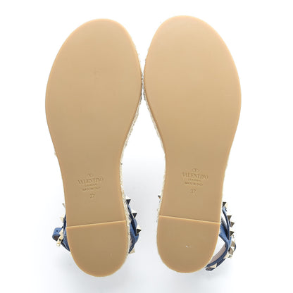 Valentino Garavani Grained Calfskin Rockstud Ankle Strap Espadrille Flat Sandals 37 Baltique 5 of 9