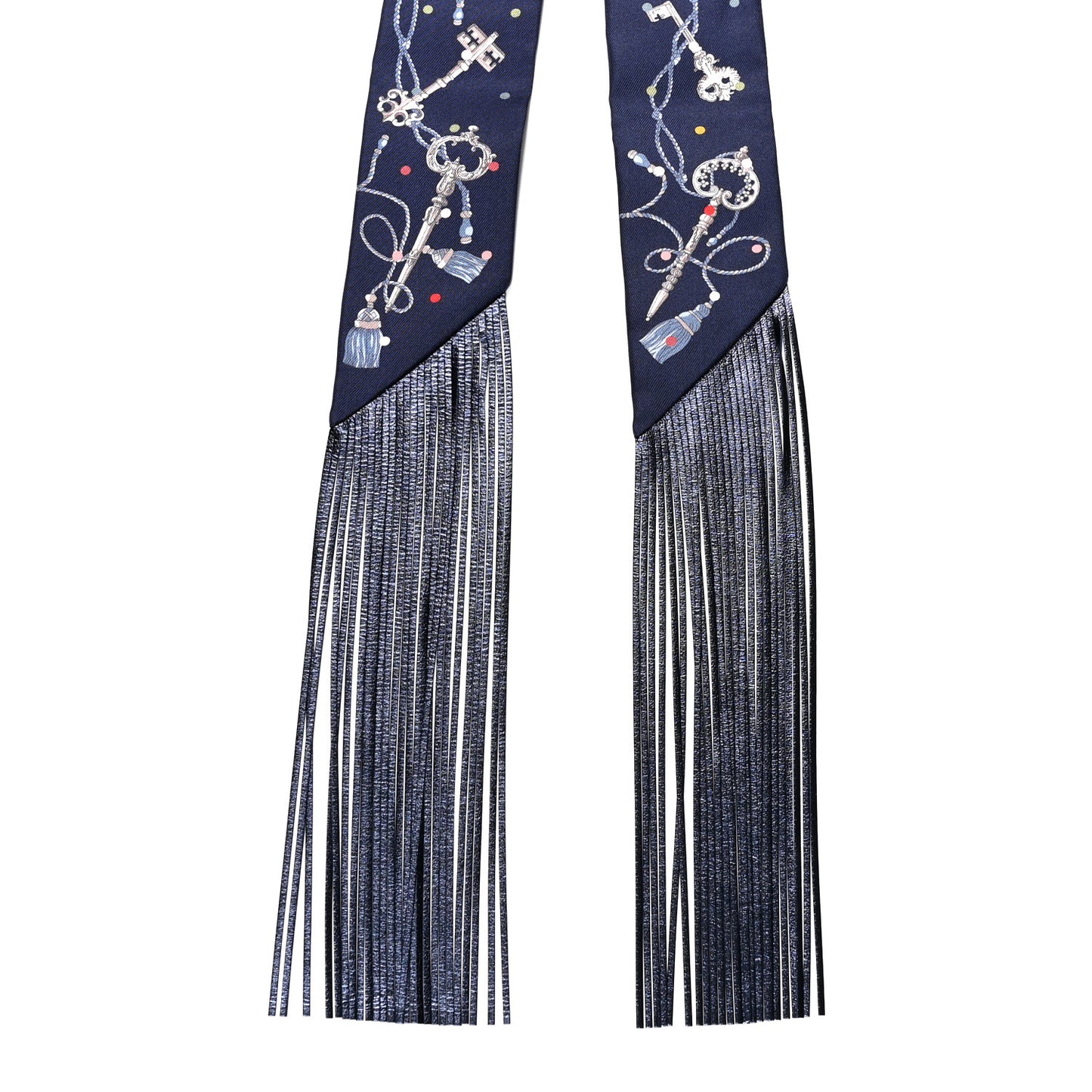 Silk Metallic Agneau Les Cles A Pois Fringed Twilly Bleu Marine Gris Argent Multicolor