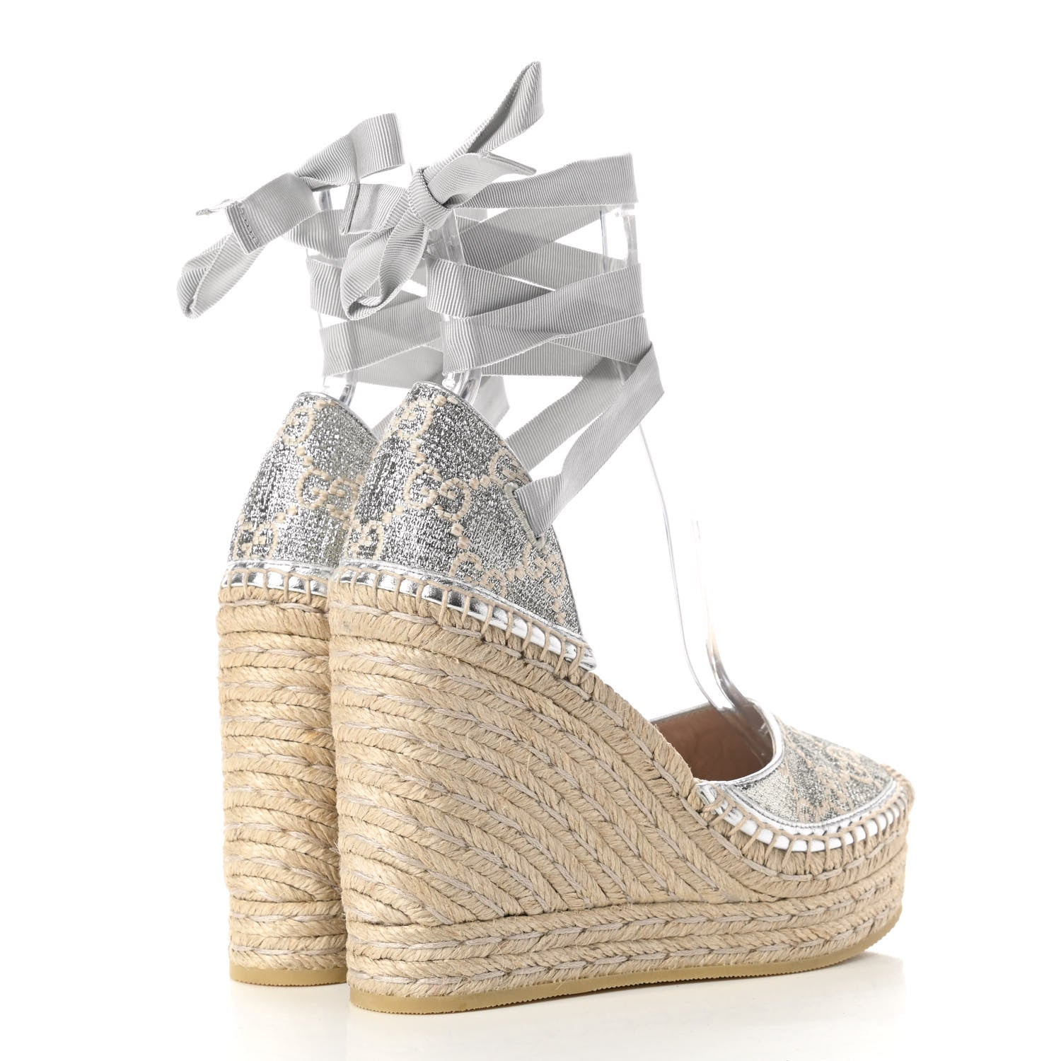 Gucci Lame GG Monogram Ankle Wrap Platform Espadrille Wedges 36 Silver Beige Light Grey 4 of 8