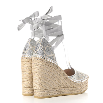 Gucci Lame GG Monogram Ankle Wrap Platform Espadrille Wedges 36 Silver Beige Light Grey 4 of 8