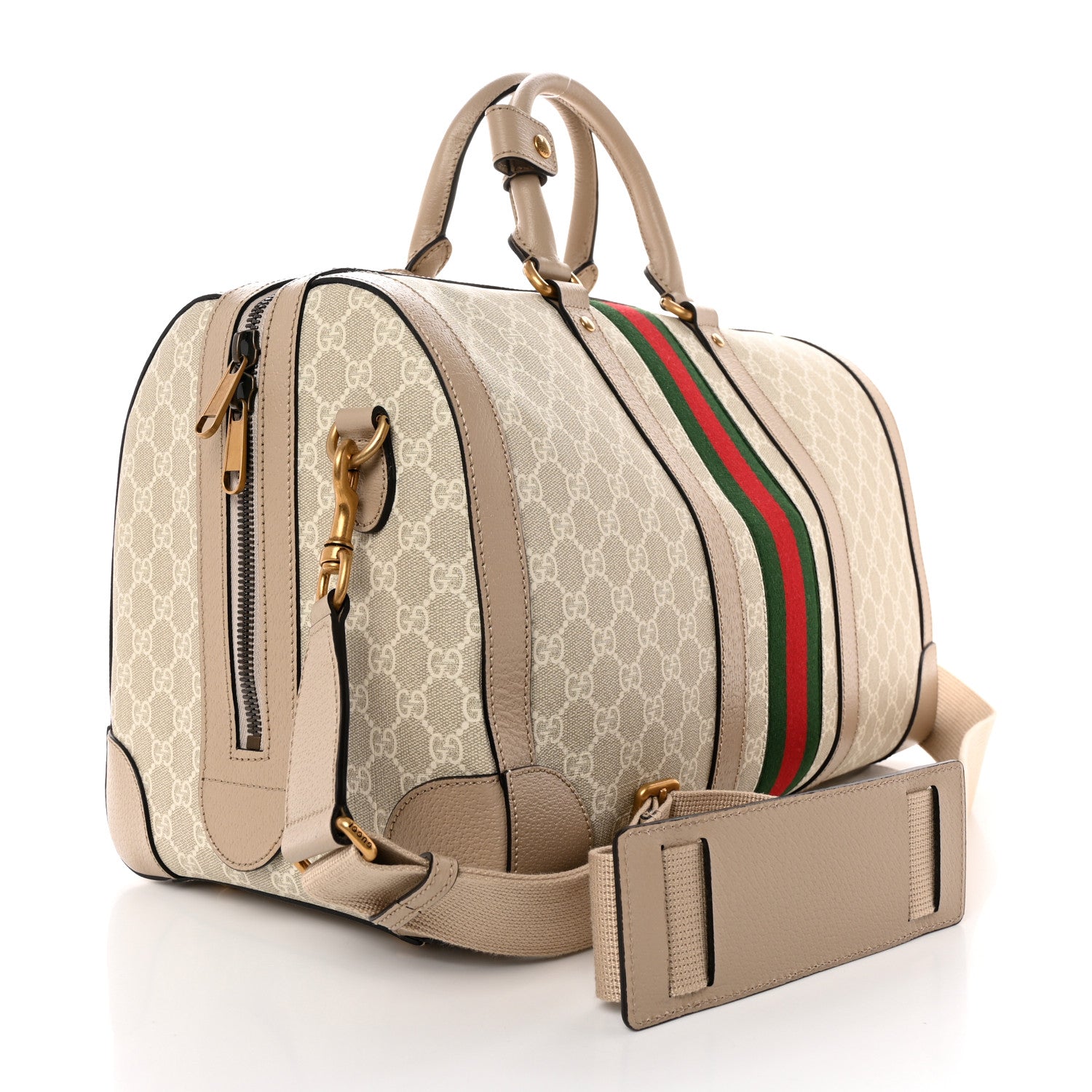 Gucci GG Supreme Monogram Textured Dollar Calfskin Web Medium Savoy Duffle Bag Beige Mystic White Oatmeal 2 of 10