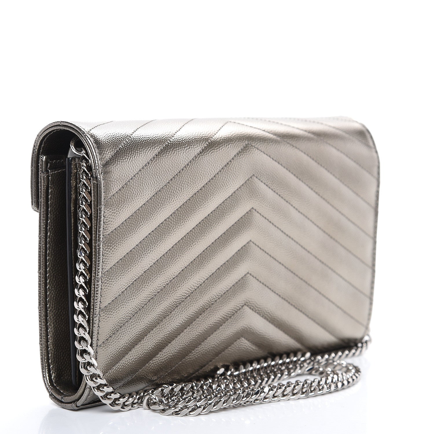 Saint Laurent Metallic Grain De Poudre Matelasse Chevron Monogram Chain Wallet Piombo 2 of 8
