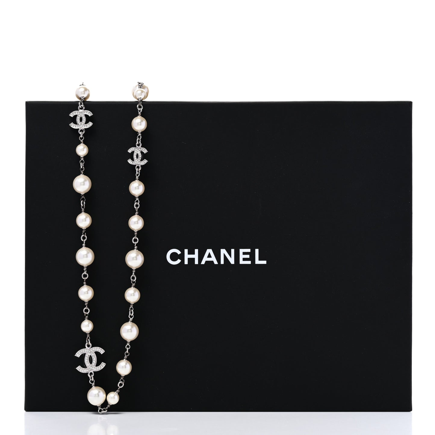Graduated Pearl Crystal CC Long Necklace Silver