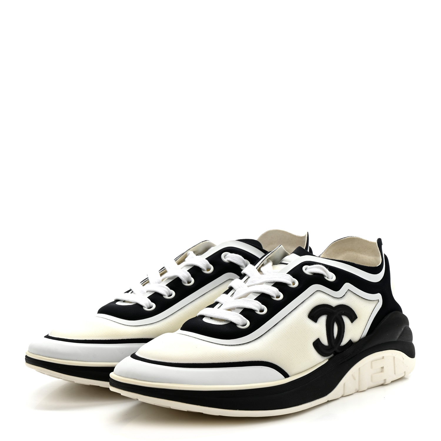 Chanel Lycra Womens CC Sneakers 39.5 White Black 4 of 9