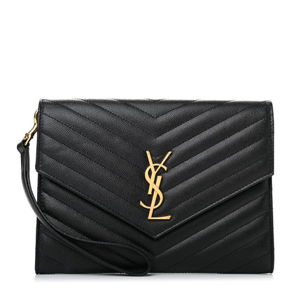 Saint Laurent Grain De Poudre Matelasse Chevron Monogram Envelope Clutch Black 1 of 7