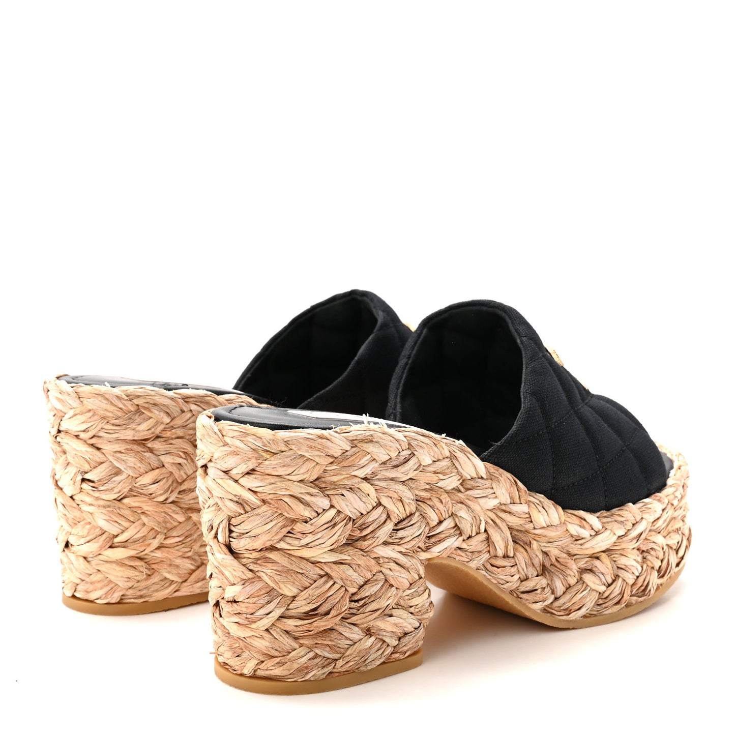 Canvas Raffia Wedge Sandals 39 Black