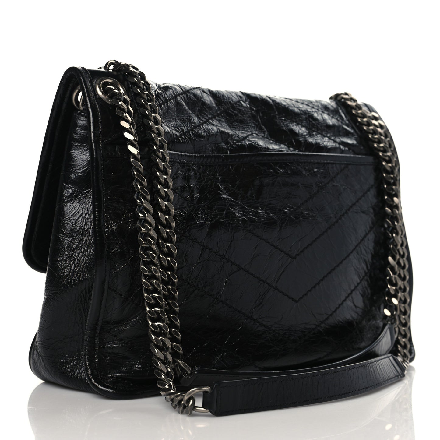 Crinkled Calfskin Matelasse Monogram Medium Niki Chain Satchel Black