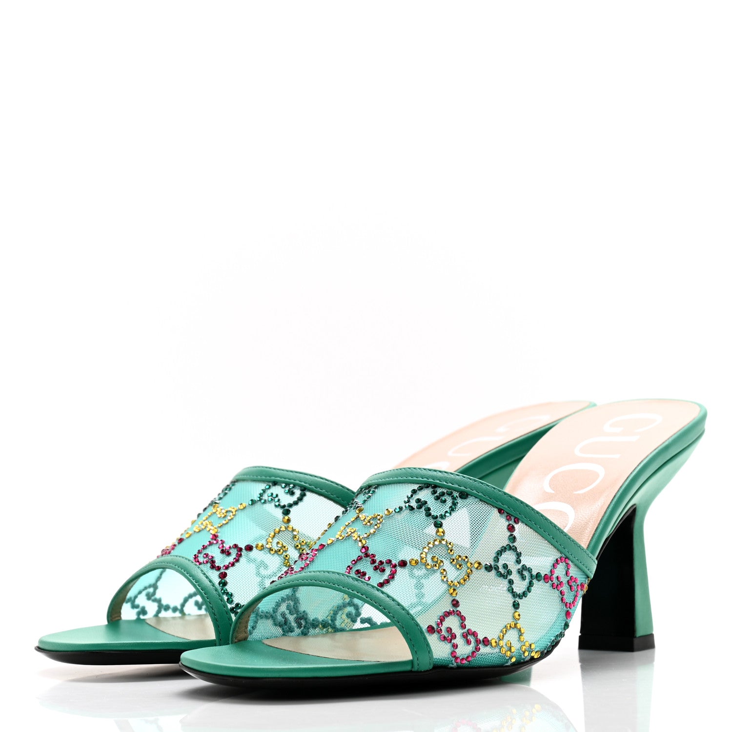Gucci Tela Retino Nappa Crystal GG Monogram Square G 95mm Slide Sandals 37.5 Turquoise 3 of 9