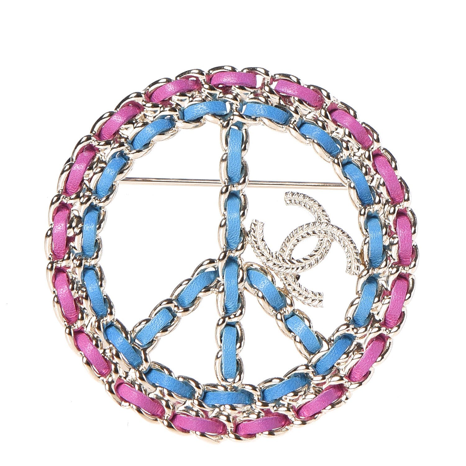 Chanel Metal Calfskin Chain Peace Sign CC Brooch Blue Purple Gold 1 of 5