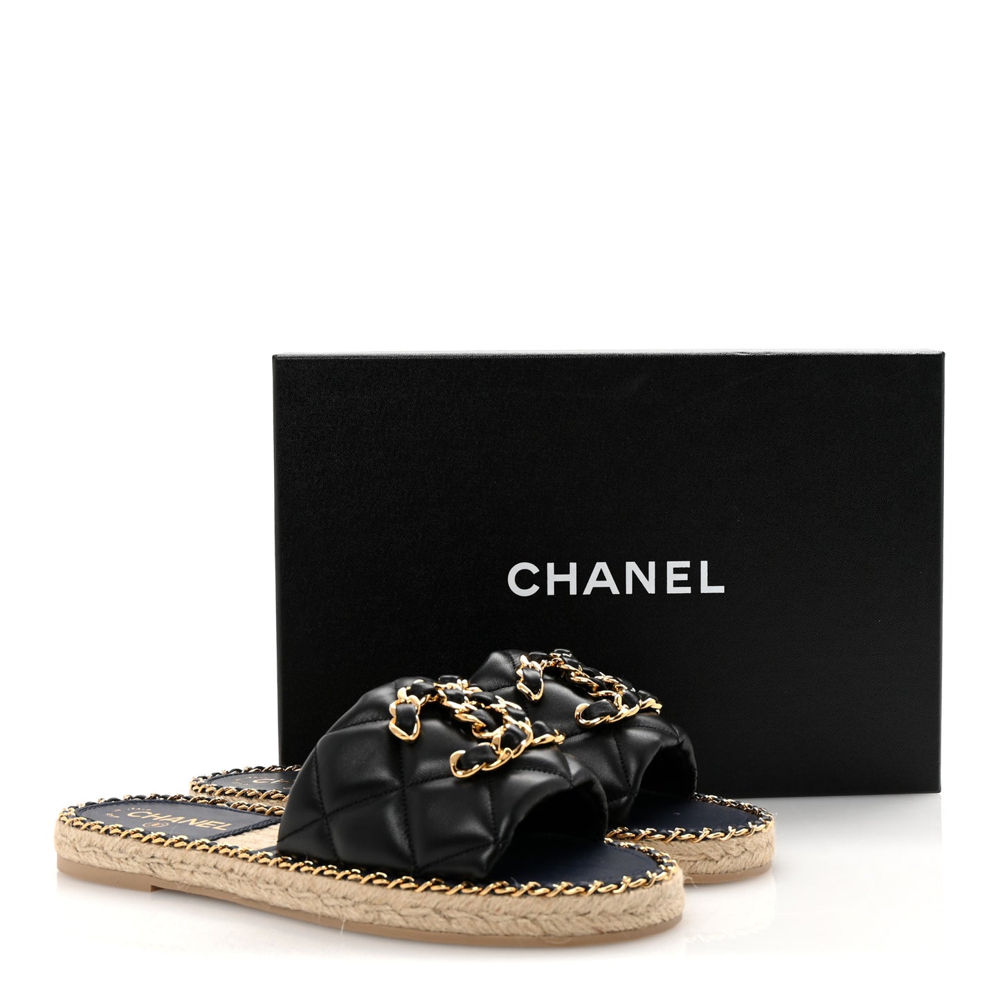 Lambskin Quilted CC Chain Espadrille Mules 38 Black Navy