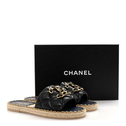 Chanel Lambskin Quilted CC Chain Espadrille Mules 38 Black Navy 10 of 10