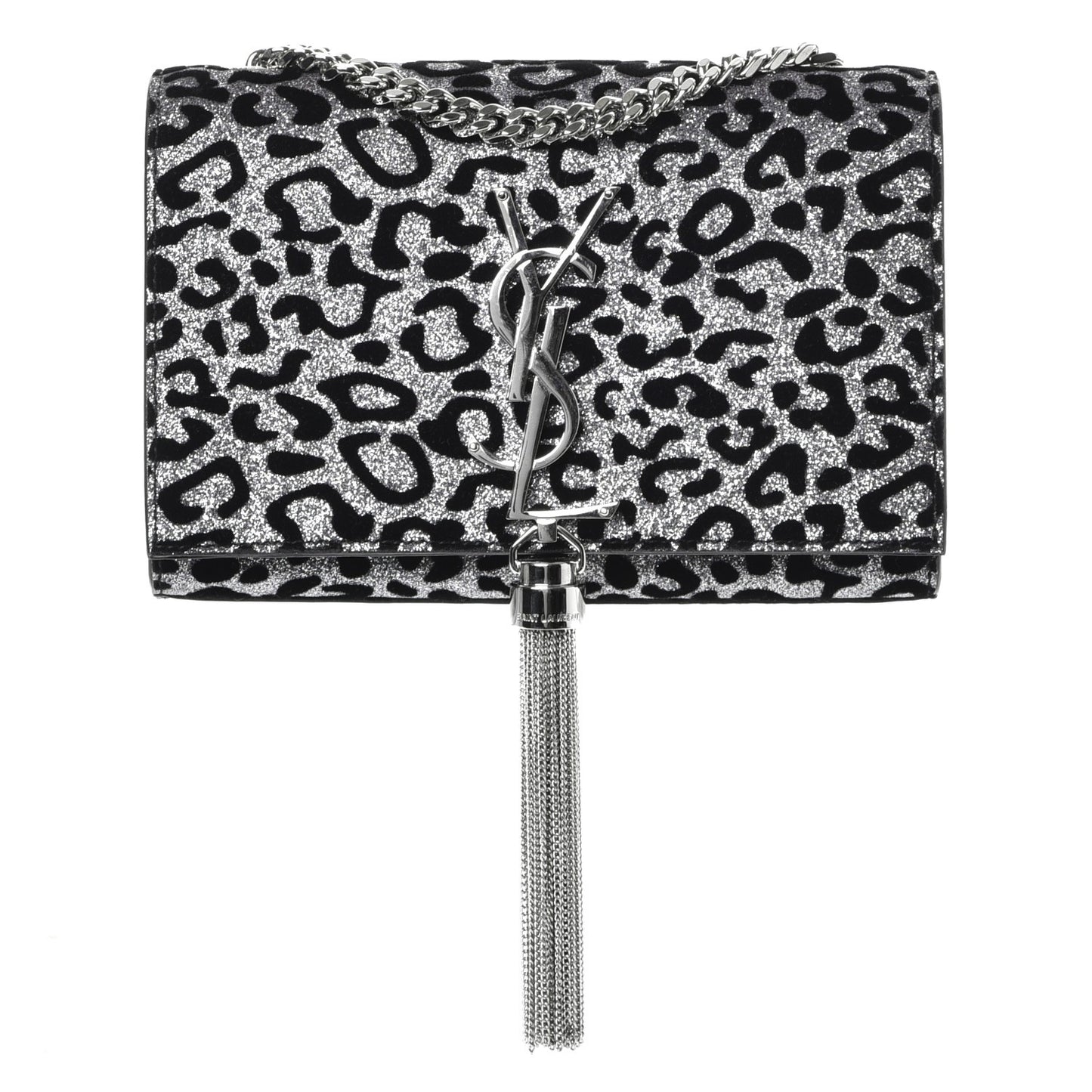 Glitter Leopard Small Monogram Kate Tassel Satchel Platine Black
