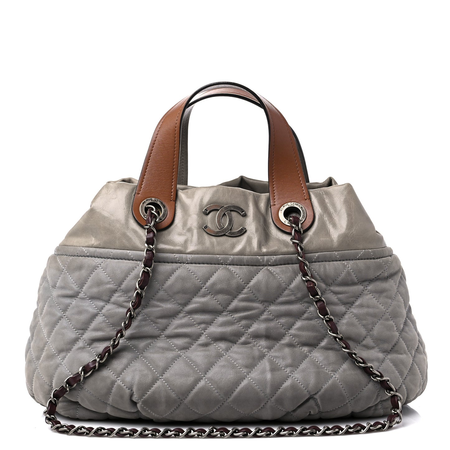 Iridescent Calfskin Quilted Small In The Mix Tote Grey