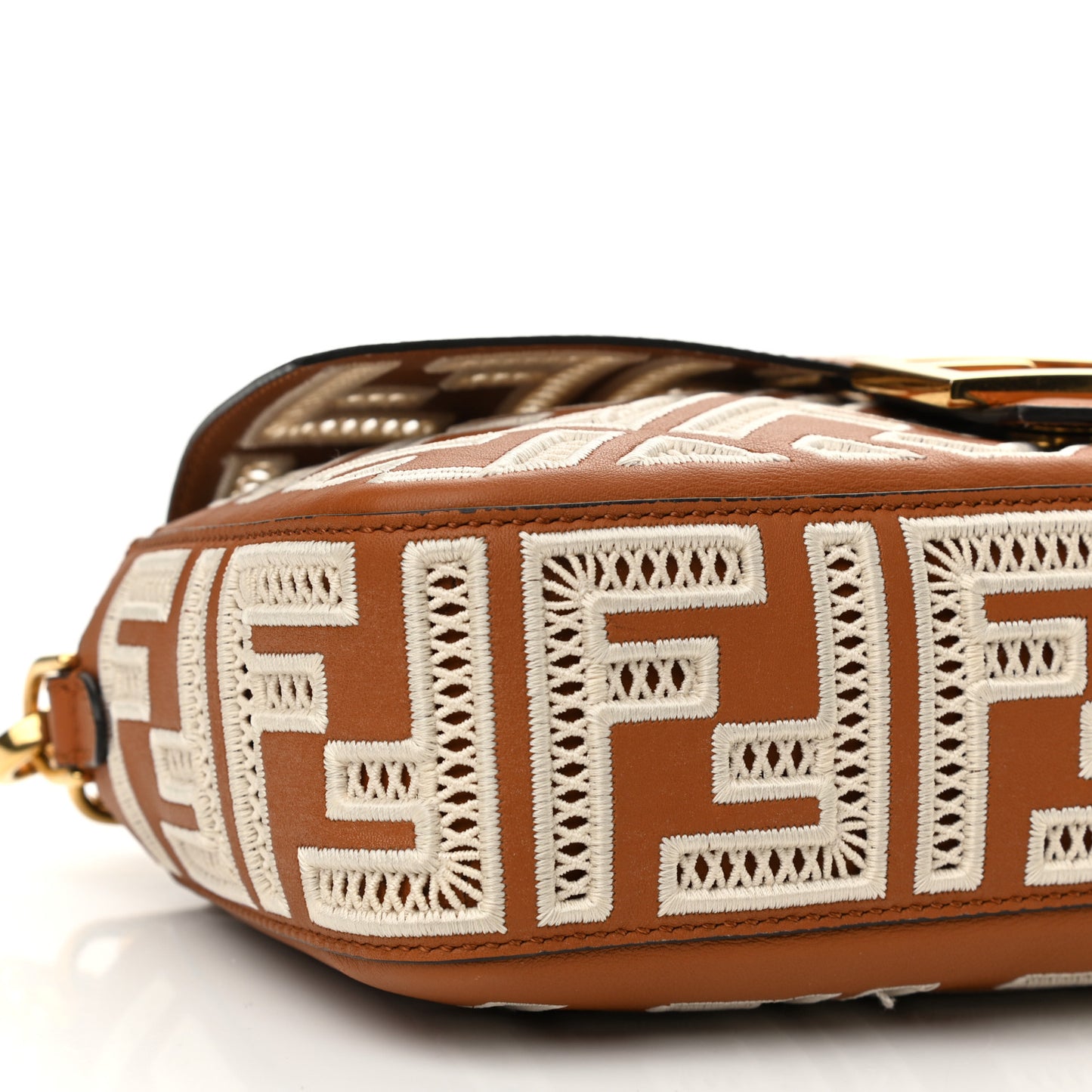 Vitello Seta FF Ajour Embroidered Baguette Brandy