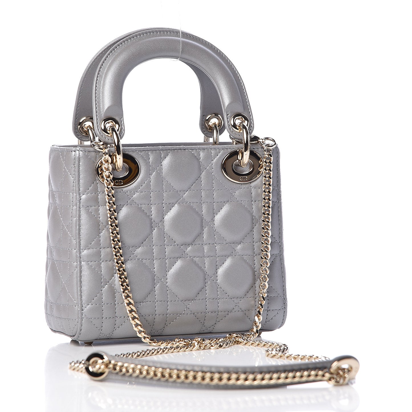 Metallic Lambskin Cannage Mini Lady Dior Grey