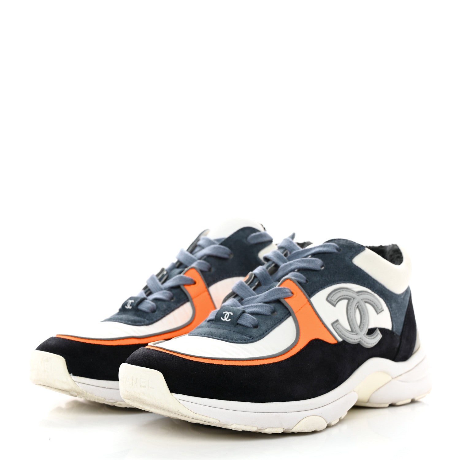 Chanel Nylon Calfskin Suede CC Womens Sneakers 37.5 Navy White Orange Black 3 of 11