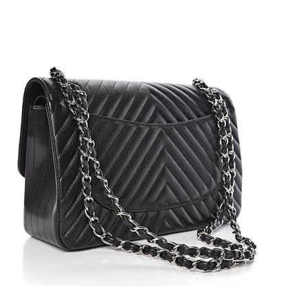 Chanel Caviar Chevron Quilted Jumbo Double Flap Black 3 of 10