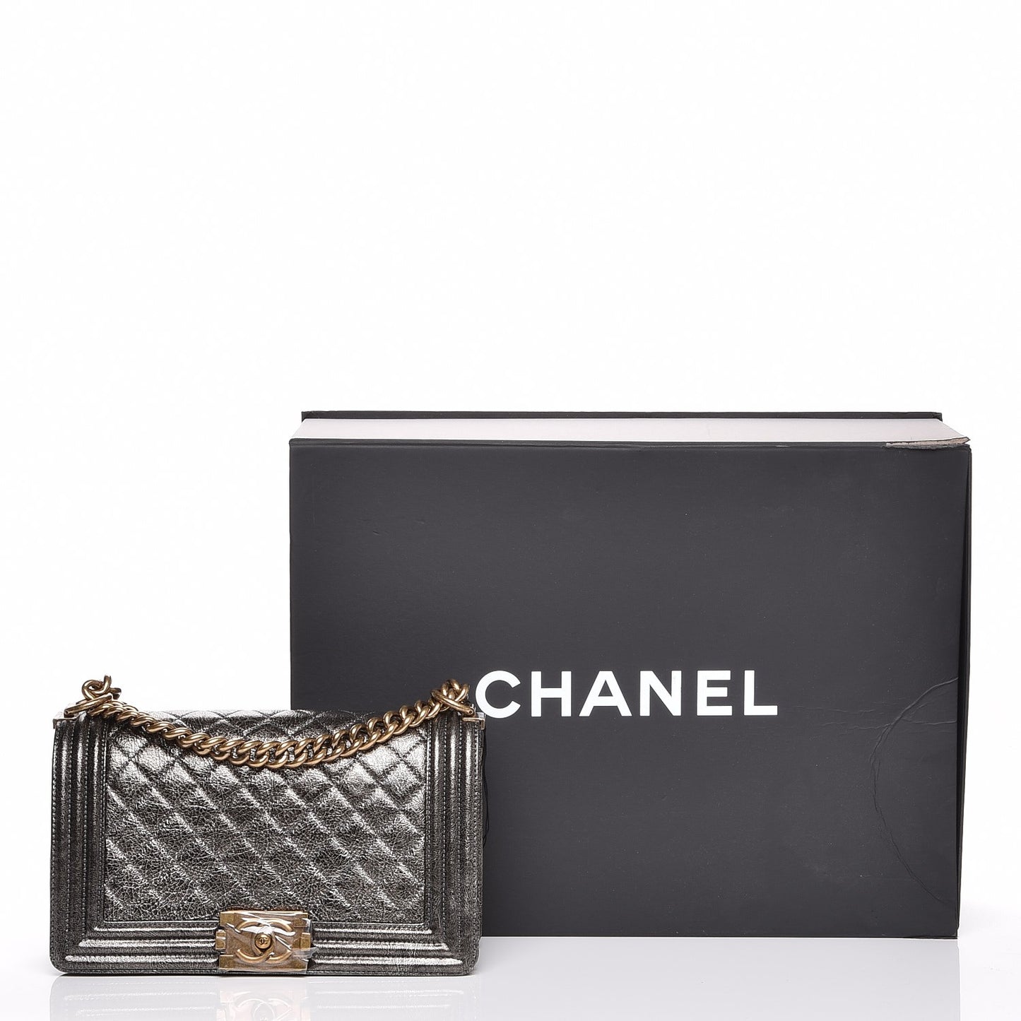 Metallic Calfskin Quilted Medium Boy Flap Dark Silver