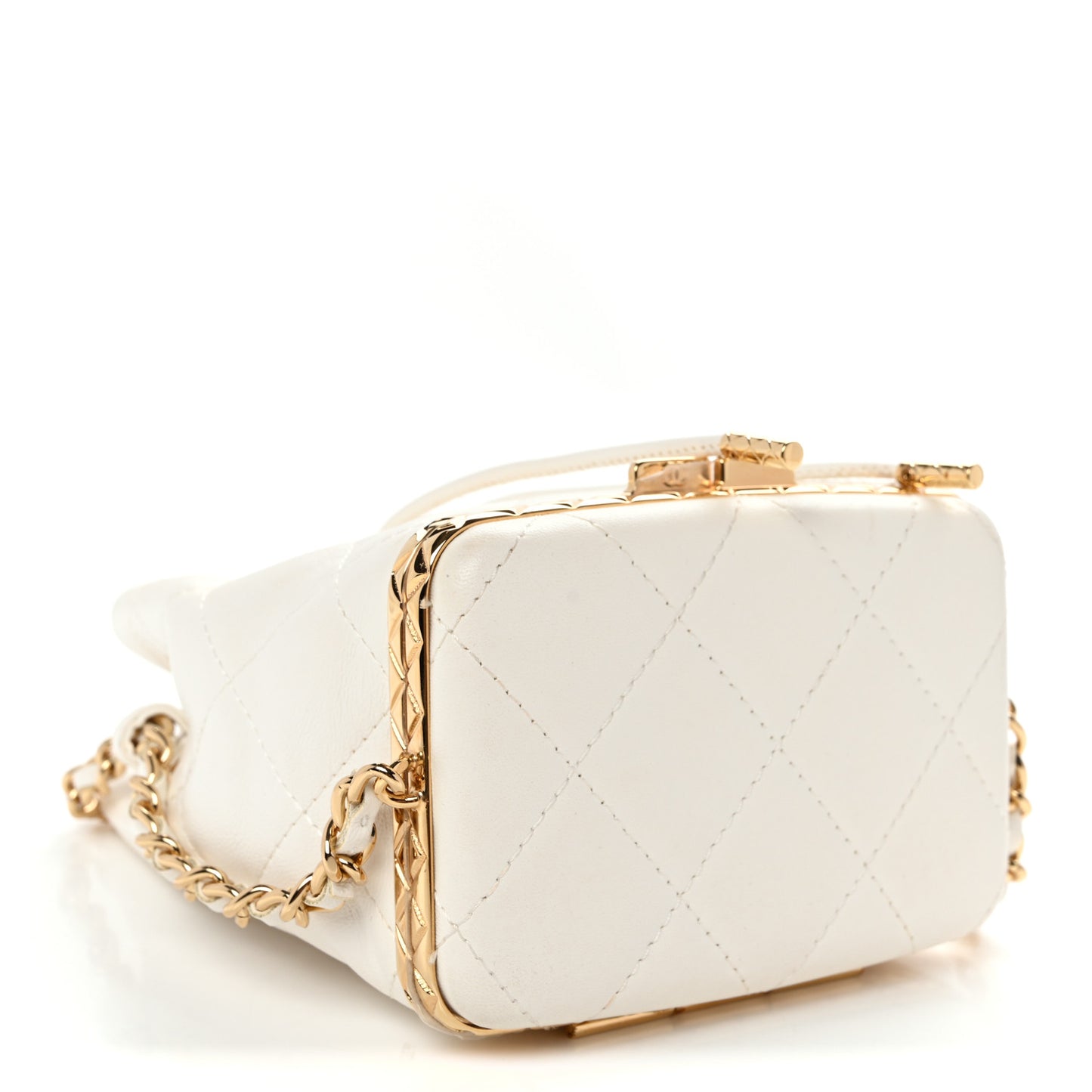 Metal Lambskin Quilted Small Chain Bucket Bag White