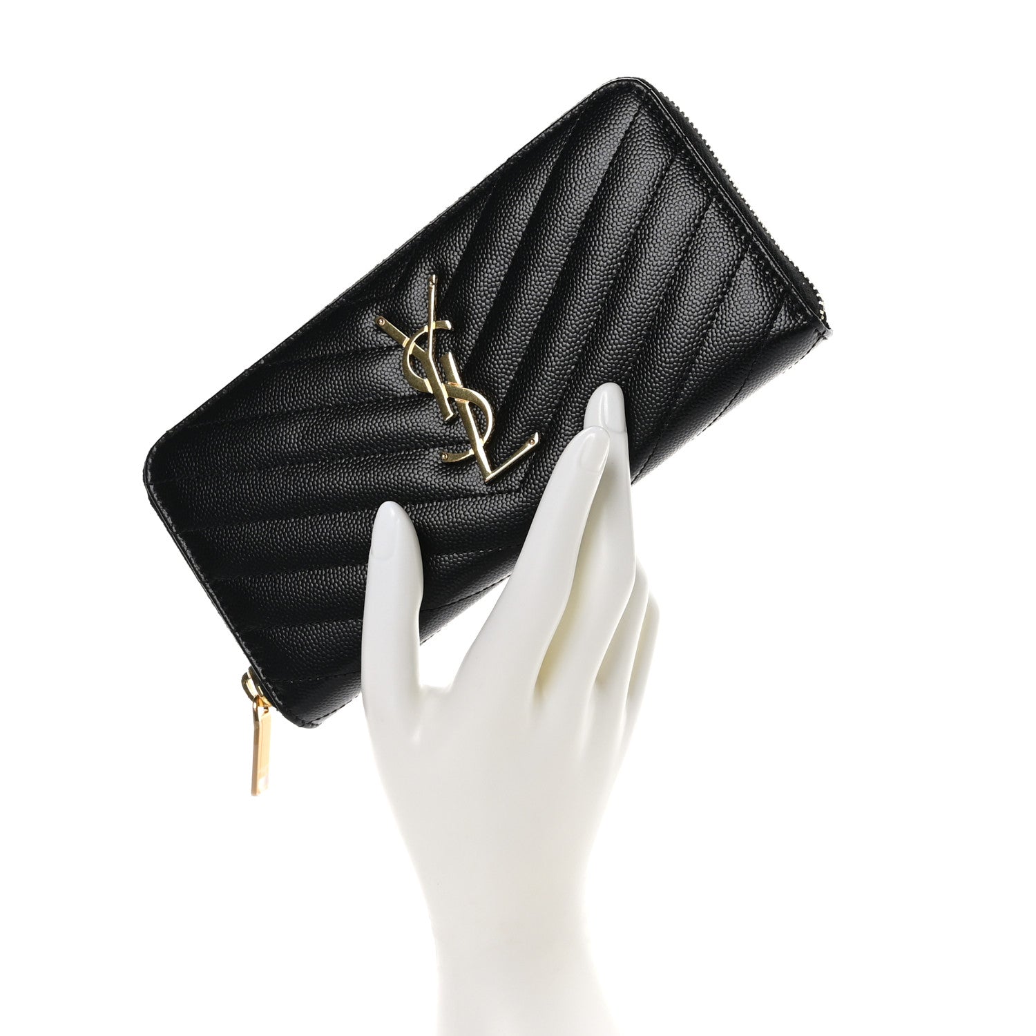 Saint Laurent Grain De Poudre Matelasse Chevron Monogram Zip Around Wallet Black 2 of 8